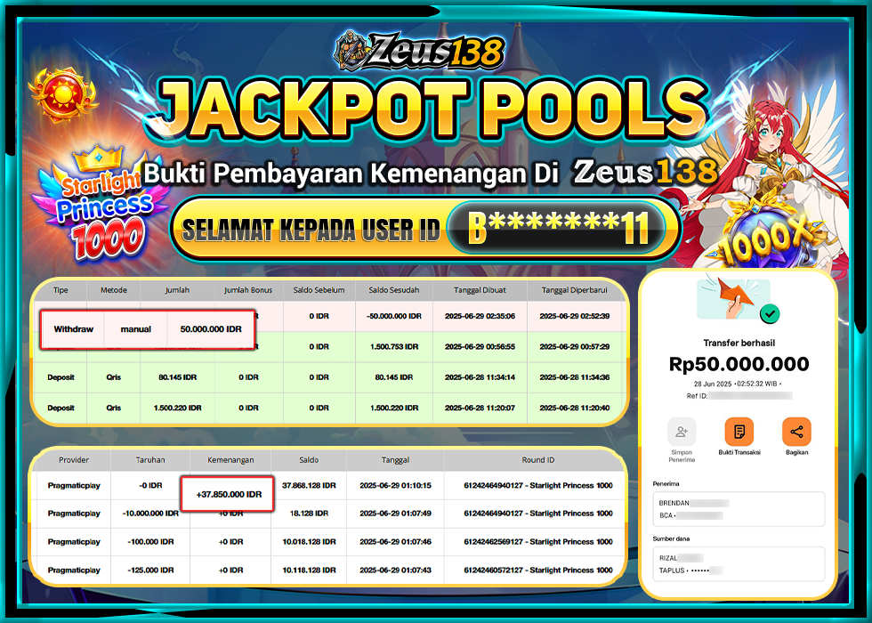 ZEUS138 STARLIGHT PRINCESS 1000  Rp50.000.000,LUNAS