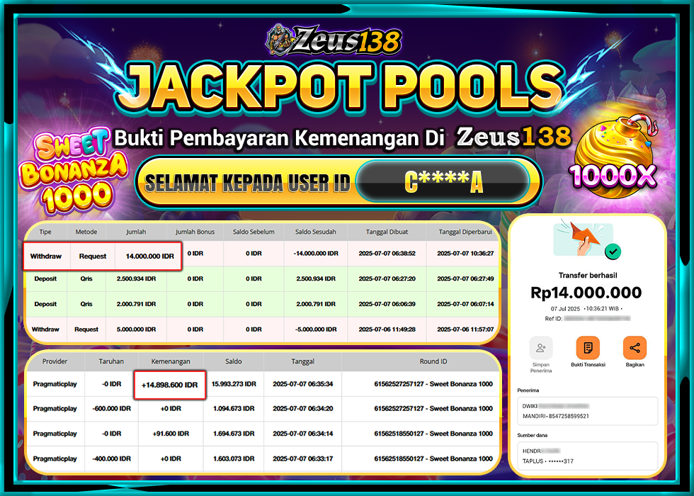 ZEUS138 SWEET BONANZA 1000 Rp.14.000.000, - LUNAS