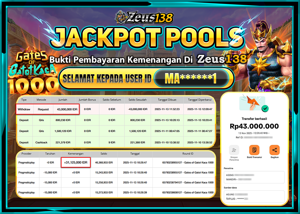 ZEUS138 GATES OF GATOT KACA 1000 Rp 43,000,000 LUNAS 