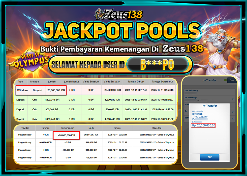 ZEUS138 GATES OF OLYMPUS Rp.20,000,000 LUNAS 