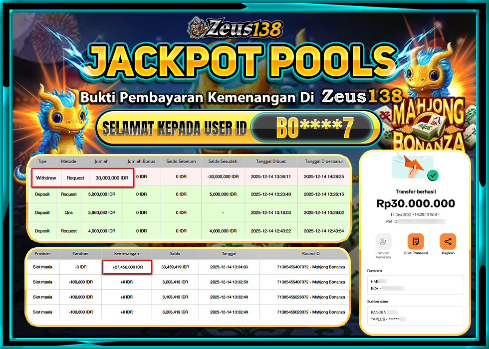 ZEUS138 MAHJONG BONANZA Rp.30,000,000 LUNAS 